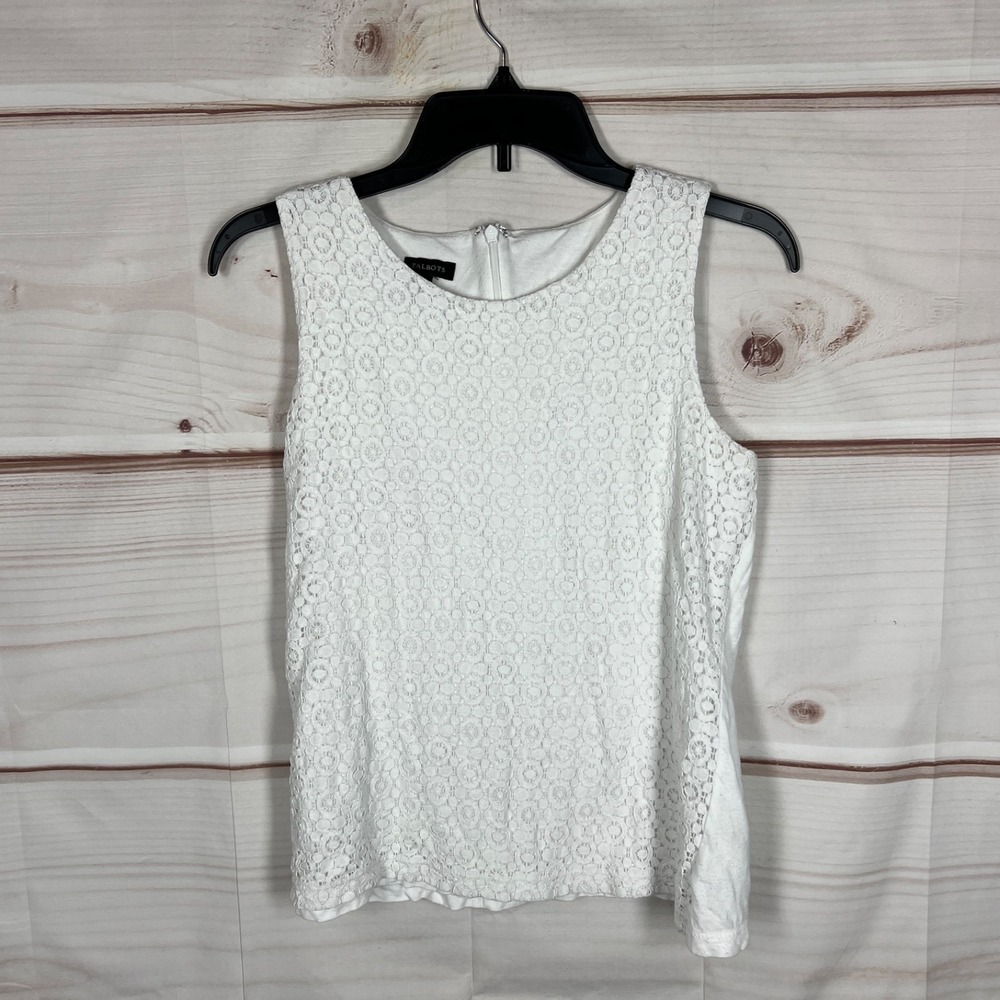 Talbots Top Womens Small White Lace Front Tank Sleeveless Blouse Knit Back Solid
